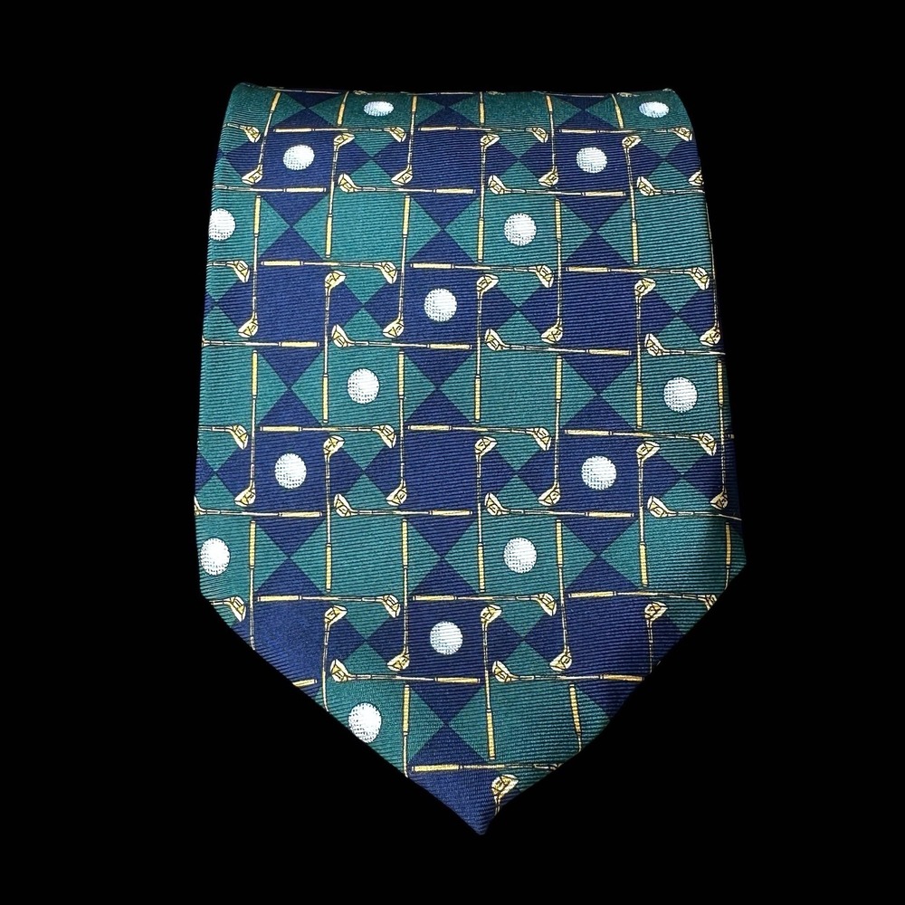 Jack Nicklaus Mens Silk Tie Green Navy Blue Golf Clubs Balls Pattern USA Made